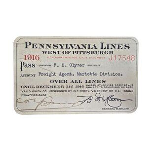 1916 Pennsylvania Lines Railroad Pass Freight Agent Marietta Division Signed